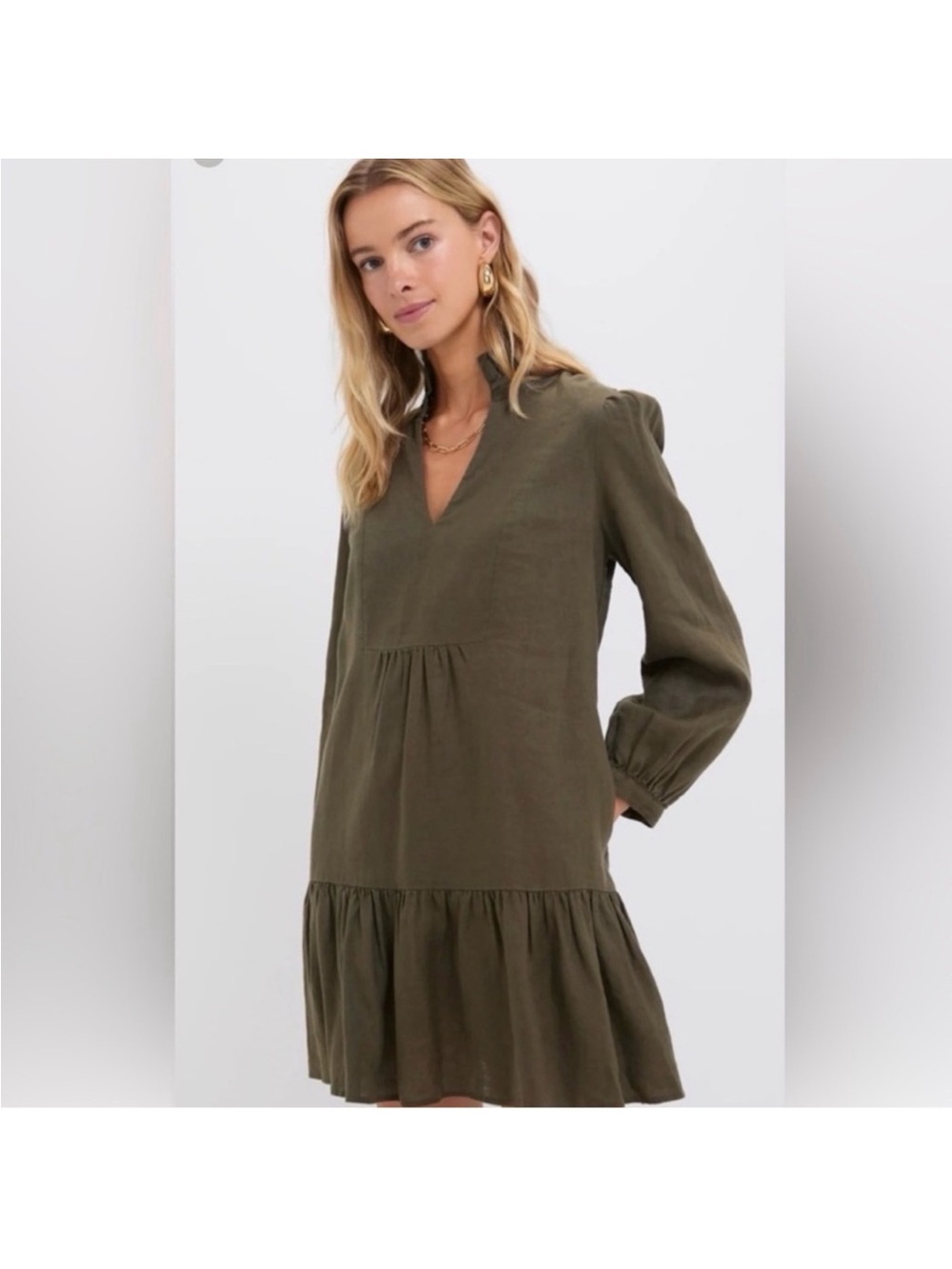 Tuckernuck Olive V-Neck Long Sleeve Tiered Dress